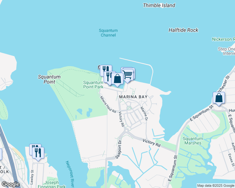 map of restaurants, bars, coffee shops, grocery stores, and more near 444 Victory Road in Quincy