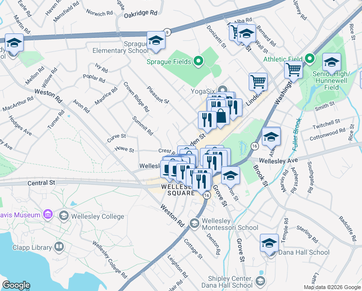 map of restaurants, bars, coffee shops, grocery stores, and more near Delanson Circle in Wellesley