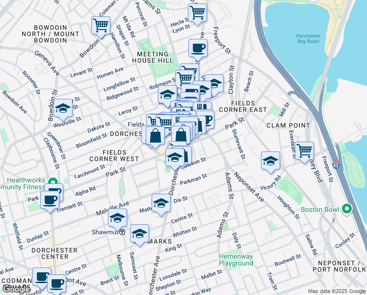 map of restaurants, bars, coffee shops, grocery stores, and more near 189 Park Street in Boston
