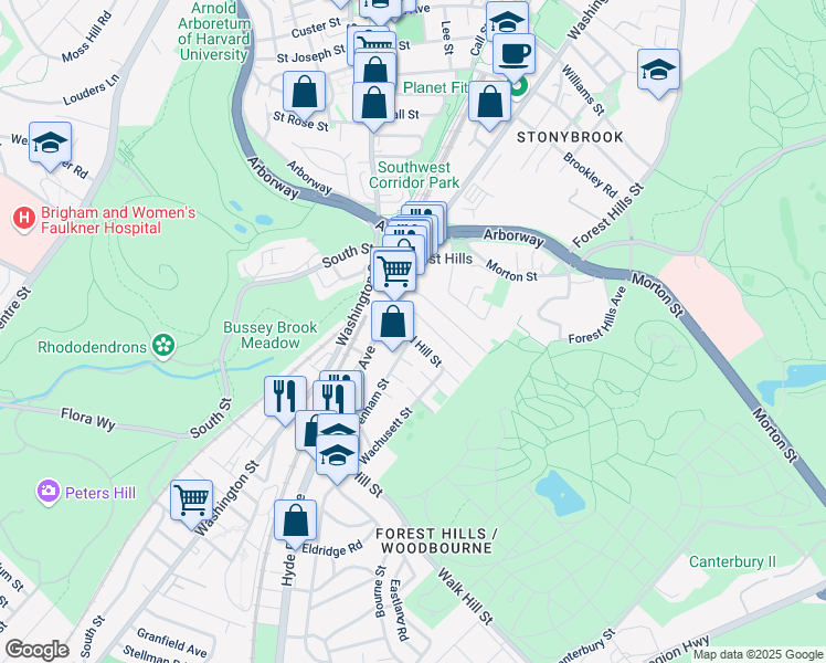 map of restaurants, bars, coffee shops, grocery stores, and more near 19 Weld Hill Street in Boston