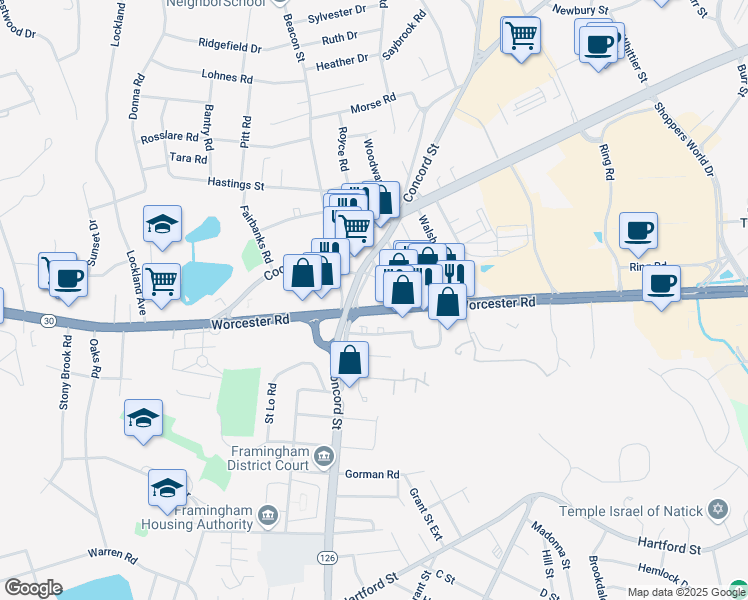 map of restaurants, bars, coffee shops, grocery stores, and more near 303 Worcester Road in Framingham