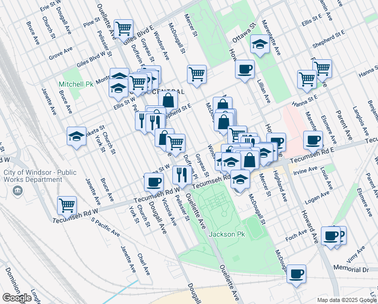 map of restaurants, bars, coffee shops, grocery stores, and more near 72 Hanna Street East in Windsor
