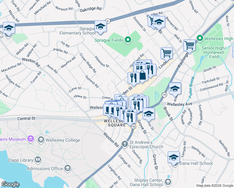 map of restaurants, bars, coffee shops, grocery stores, and more near 100 Linden Street in Wellesley
