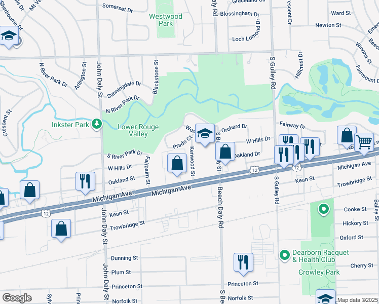map of restaurants, bars, coffee shops, grocery stores, and more near 1606 Kenwood Street in Inkster