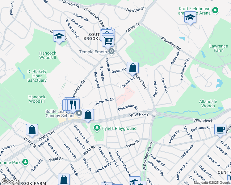 map of restaurants, bars, coffee shops, grocery stores, and more near 278 South Street in Brookline