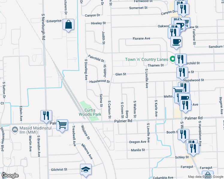 map of restaurants, bars, coffee shops, grocery stores, and more near 1420 South Carlson Street in Westland