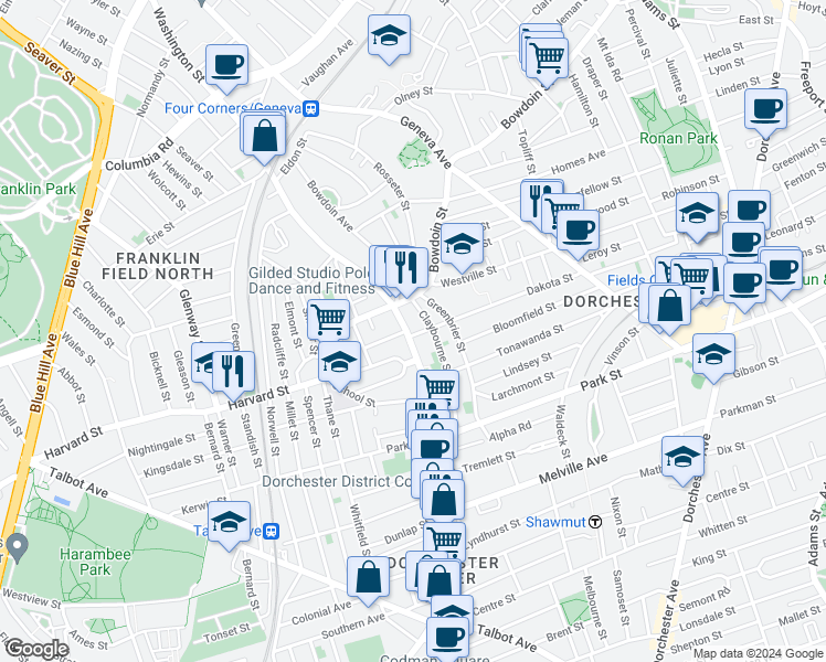 map of restaurants, bars, coffee shops, grocery stores, and more near 374-378 Washington Street in Boston