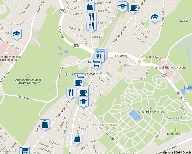 map of restaurants, bars, coffee shops, grocery stores, and more near 7 Weld Hill Street in Jamaica Plain