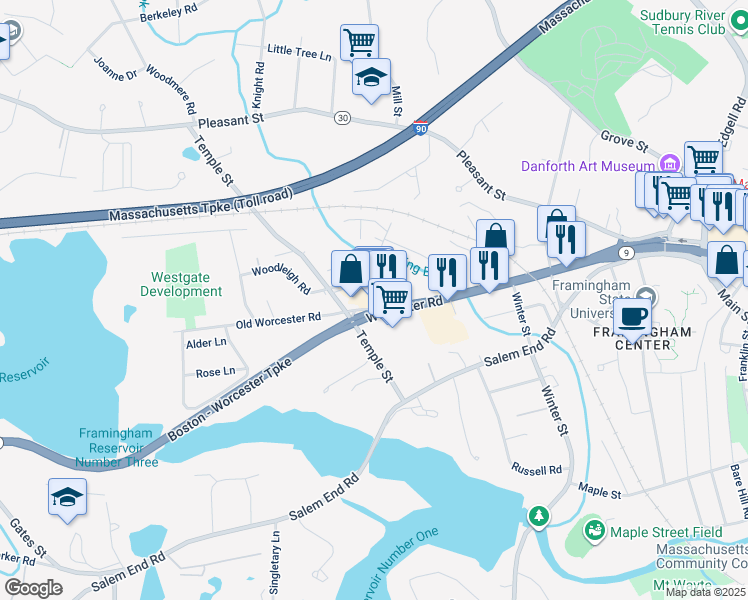map of restaurants, bars, coffee shops, grocery stores, and more near 1223 Worcester Road in Framingham