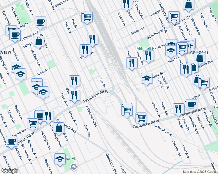 map of restaurants, bars, coffee shops, grocery stores, and more near 956 Tecumseh Boulevard West in Windsor
