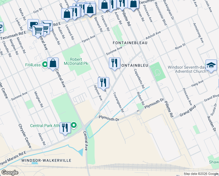map of restaurants, bars, coffee shops, grocery stores, and more near 2643 Tourangeau Road in Windsor