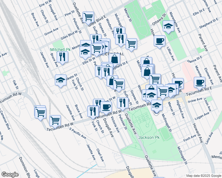 map of restaurants, bars, coffee shops, grocery stores, and more near 1567 Ouellette Avenue in Windsor