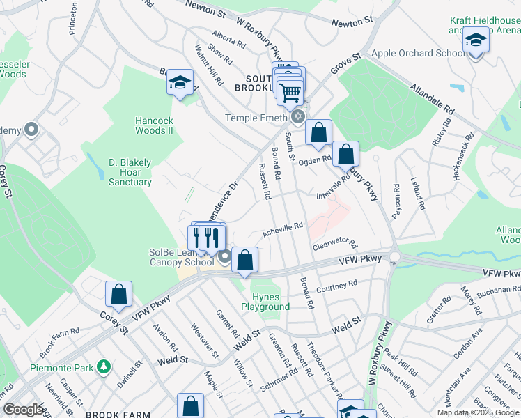 map of restaurants, bars, coffee shops, grocery stores, and more near 26 Thornton Road in Brookline