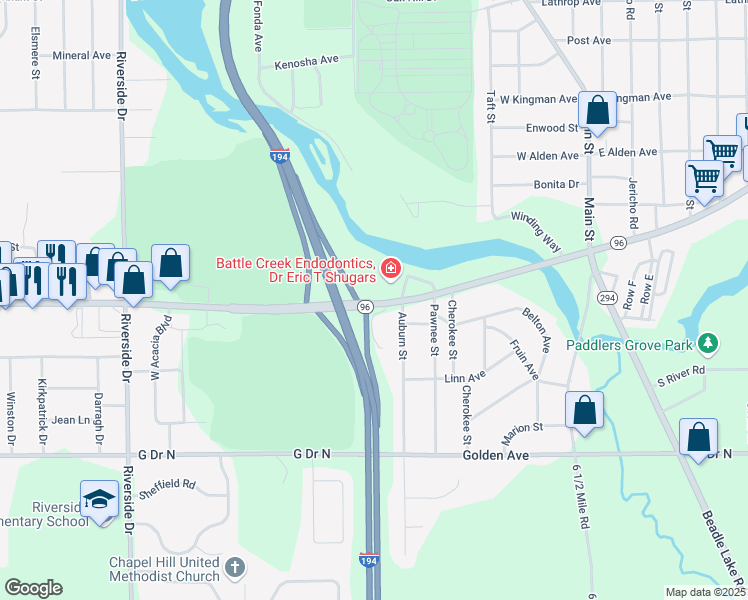 map of restaurants, bars, coffee shops, grocery stores, and more near 505 East Columbia Avenue in Battle Creek