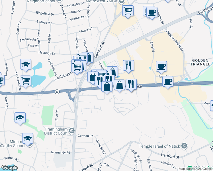 map of restaurants, bars, coffee shops, grocery stores, and more near 255 Worcester Road in Framingham