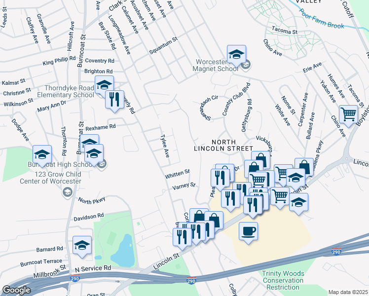 map of restaurants, bars, coffee shops, grocery stores, and more near 15 Darling Street in Worcester