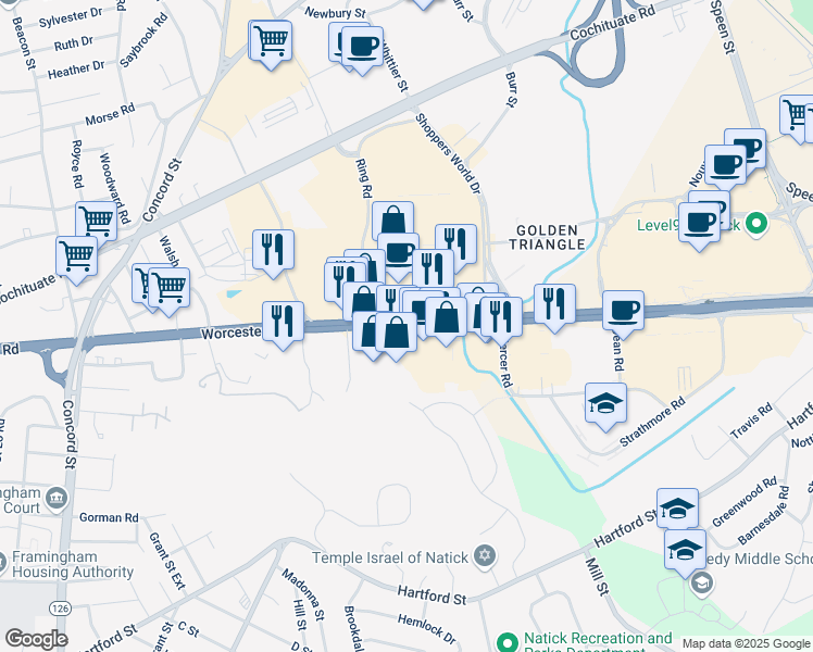 map of restaurants, bars, coffee shops, grocery stores, and more near 64 Worcester Road in Natick