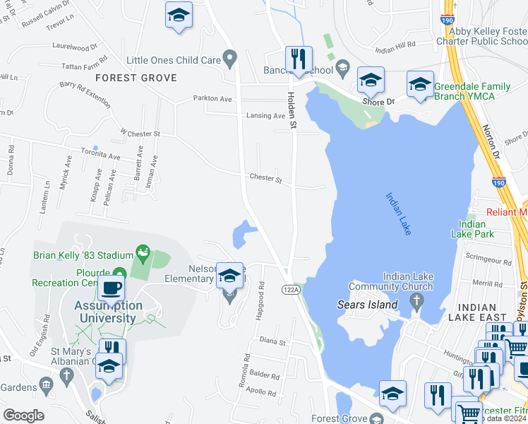 map of restaurants, bars, coffee shops, grocery stores, and more near 2 Grove Street in Worcester
