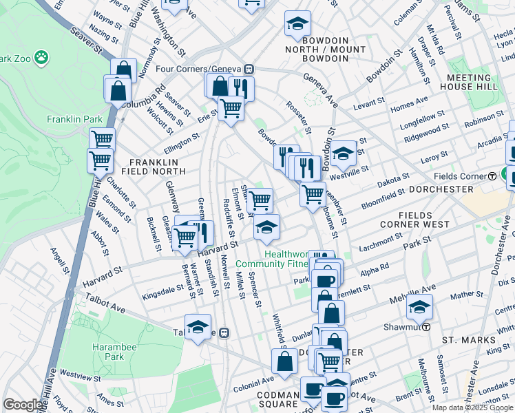map of restaurants, bars, coffee shops, grocery stores, and more near 43 Harvard Avenue in Boston