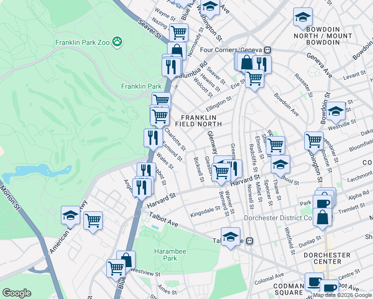 map of restaurants, bars, coffee shops, grocery stores, and more near 38 Bradshaw Street in Boston