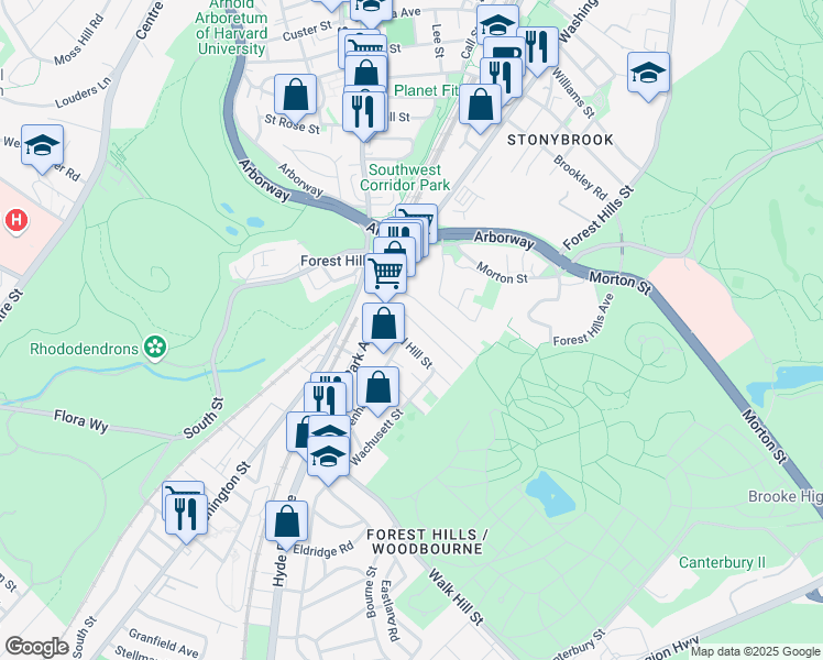 map of restaurants, bars, coffee shops, grocery stores, and more near 19 Weld Hill Street in Boston