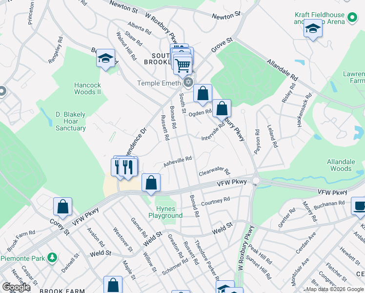 map of restaurants, bars, coffee shops, grocery stores, and more near 180 Bonad Road in Brookline