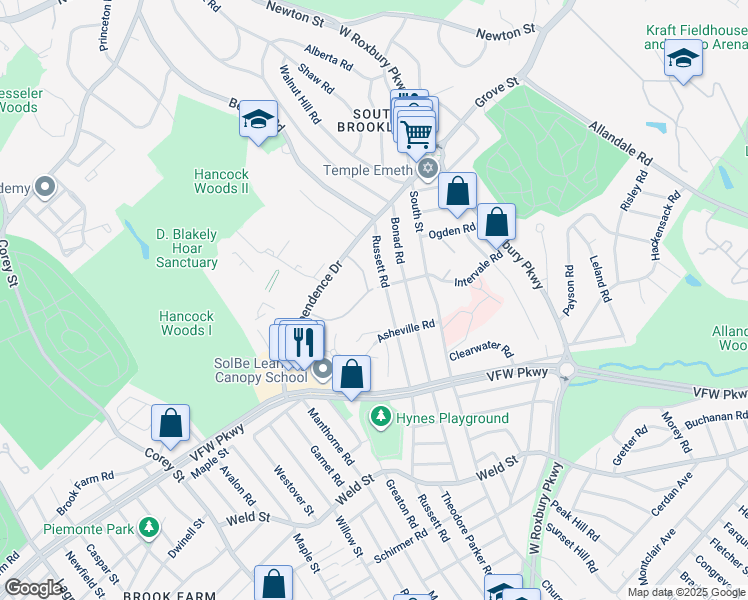 map of restaurants, bars, coffee shops, grocery stores, and more near 26 Thornton Road in Brookline
