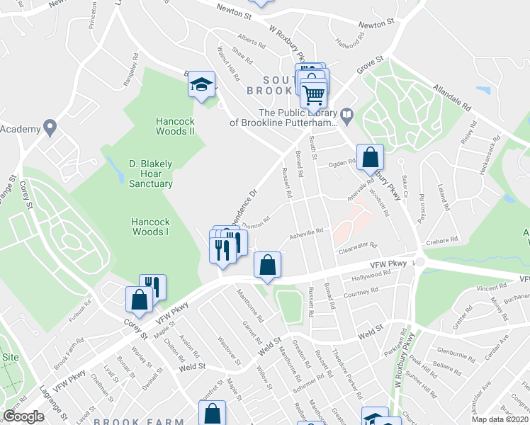 map of restaurants, bars, coffee shops, grocery stores, and more near 91 Thornton Road in Brookline