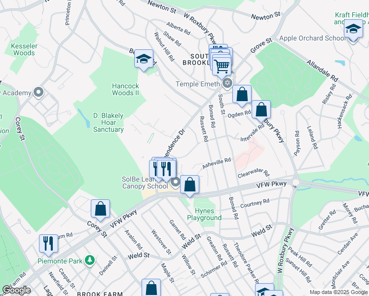 map of restaurants, bars, coffee shops, grocery stores, and more near 91 Thornton Road in Brookline