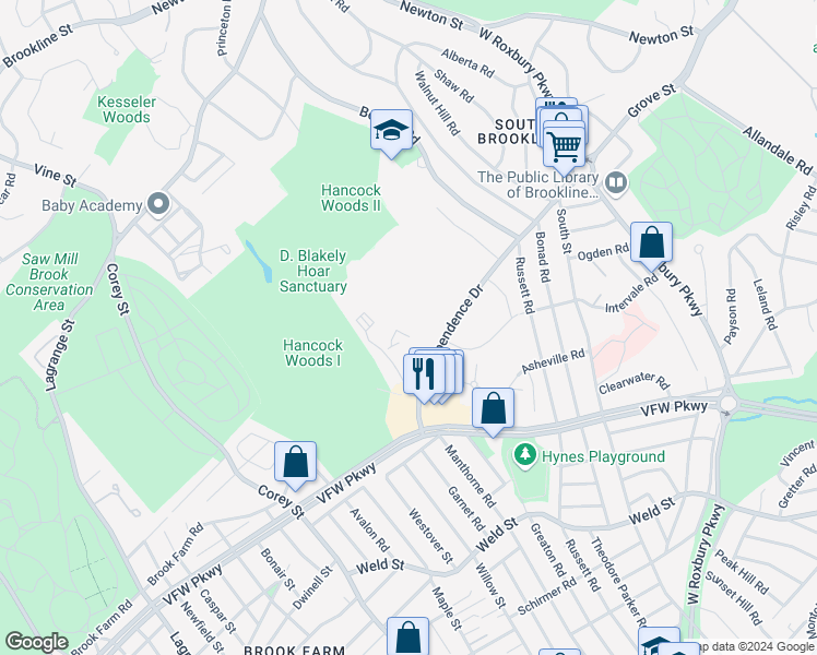 map of restaurants, bars, coffee shops, grocery stores, and more near 40 Sherman Road in Boston