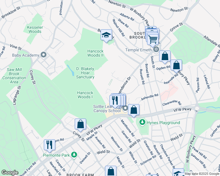 map of restaurants, bars, coffee shops, grocery stores, and more near 40 Sherman Road in Boston