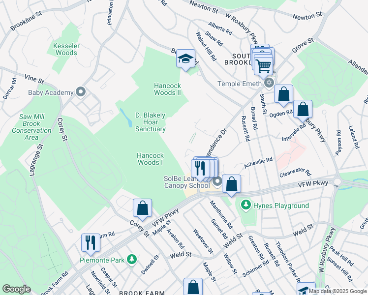 map of restaurants, bars, coffee shops, grocery stores, and more near 40 Sherman Road in Boston