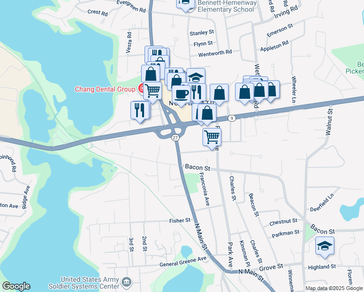 map of restaurants, bars, coffee shops, grocery stores, and more near 184 North Main Street in Natick
