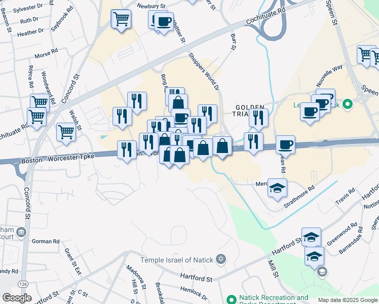 map of restaurants, bars, coffee shops, grocery stores, and more near 64 Worcester Road in Natick