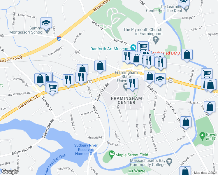 map of restaurants, bars, coffee shops, grocery stores, and more near 43 Adams Road in Framingham