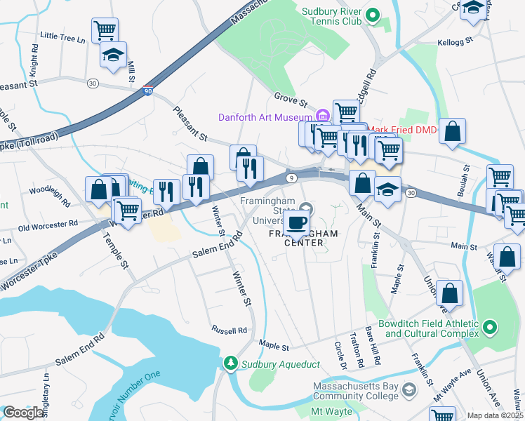 map of restaurants, bars, coffee shops, grocery stores, and more near 43 Adams Road in Framingham
