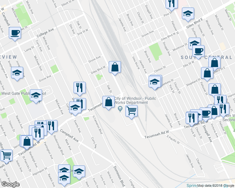 map of restaurants, bars, coffee shops, grocery stores, and more near 956 Tecumseh Boulevard West in Windsor