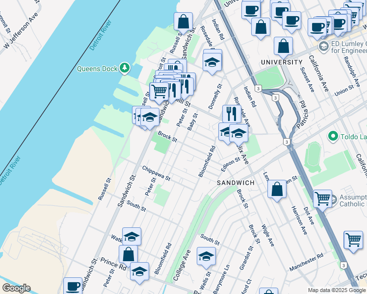 map of restaurants, bars, coffee shops, grocery stores, and more near 511 Brock Street in Windsor