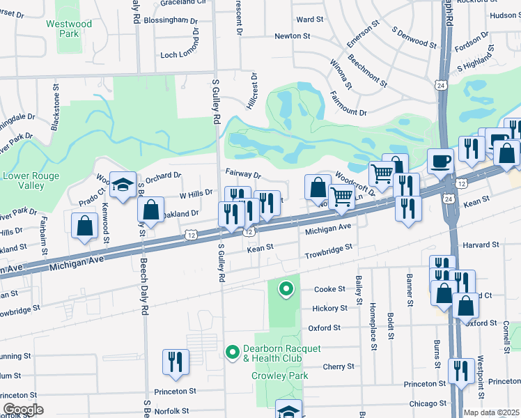 map of restaurants, bars, coffee shops, grocery stores, and more near in Dearborn