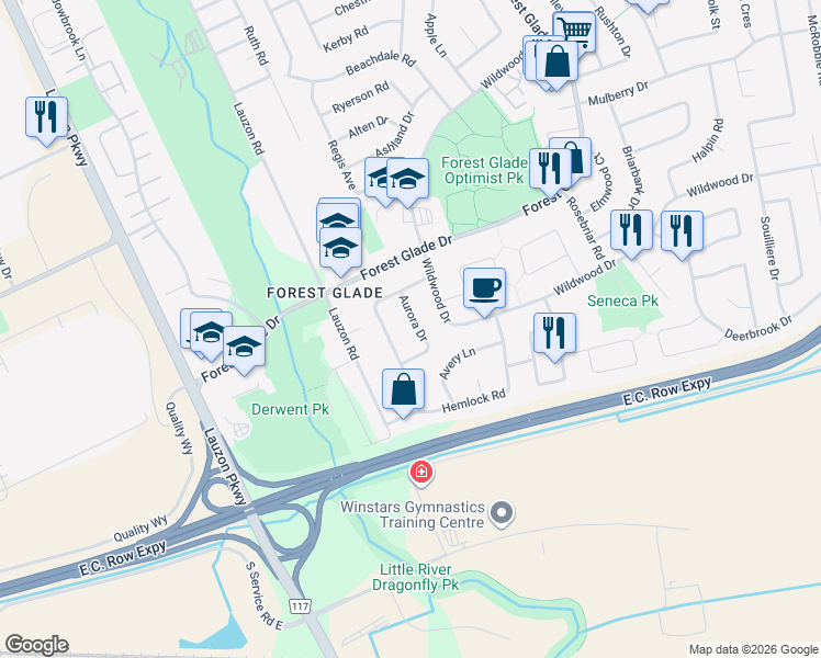 map of restaurants, bars, coffee shops, grocery stores, and more near 3245 Aurora Drive in Windsor