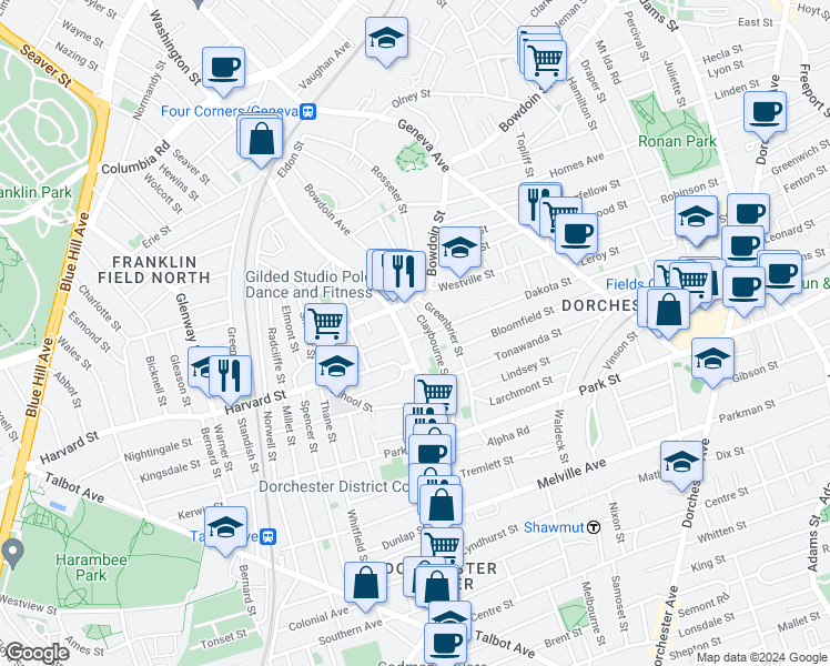 map of restaurants, bars, coffee shops, grocery stores, and more near 6 Dakota Street in Boston