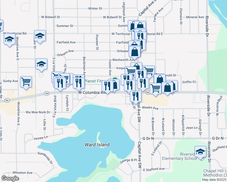 map of restaurants, bars, coffee shops, grocery stores, and more near 280 West Columbia Avenue in Battle Creek