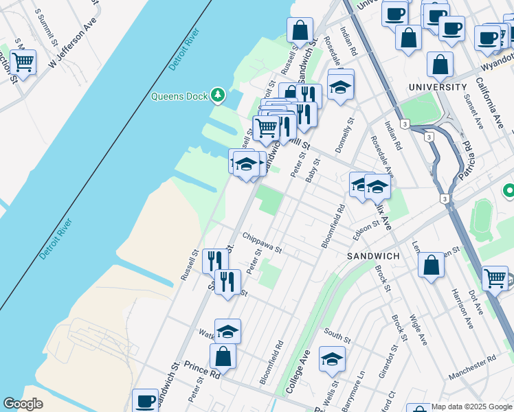 map of restaurants, bars, coffee shops, grocery stores, and more near 3341 Sandwich Street in Windsor