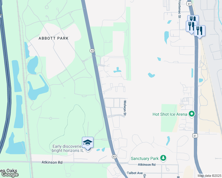 map of restaurants, bars, coffee shops, grocery stores, and more near 30015 Waukegan Road in Lake Bluff