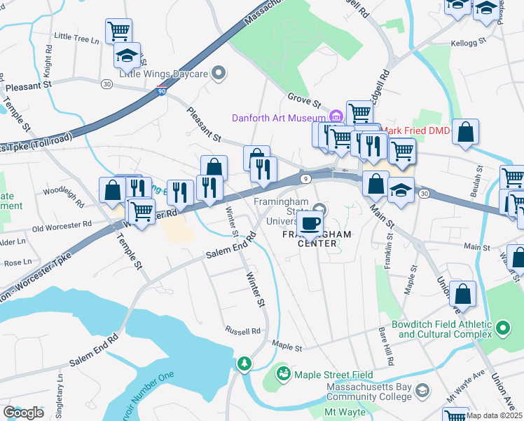 map of restaurants, bars, coffee shops, grocery stores, and more near 89 Maynard Rd in Framingham