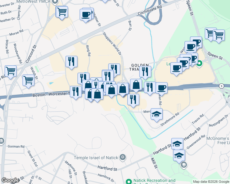 map of restaurants, bars, coffee shops, grocery stores, and more near 4 Worcester Road in Framingham