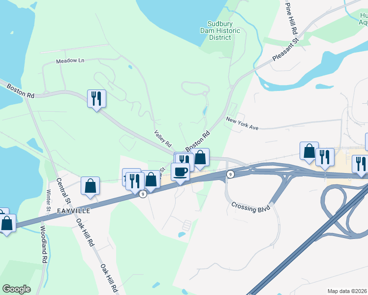 map of restaurants, bars, coffee shops, grocery stores, and more near 216 Boston Road in Southborough
