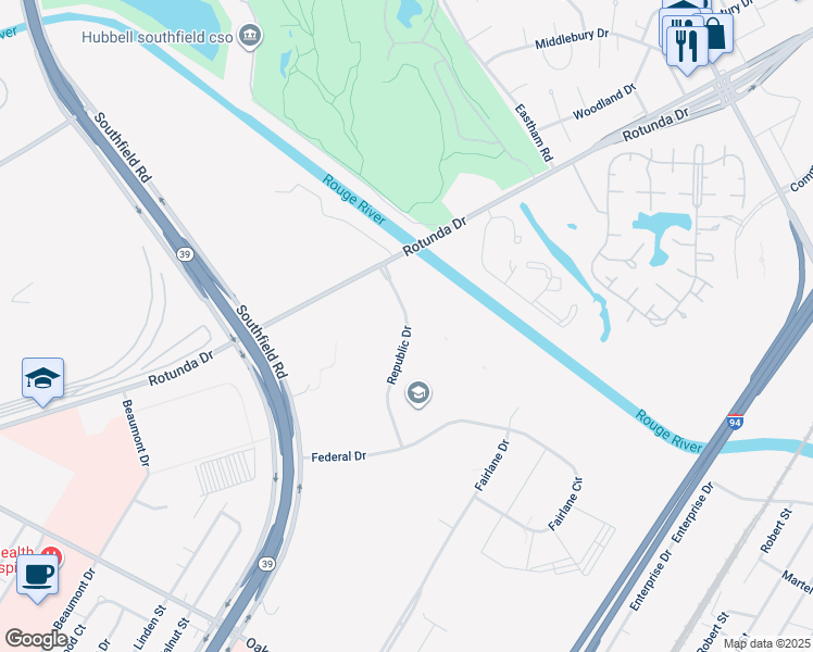 map of restaurants, bars, coffee shops, grocery stores, and more near 555 Republic Drive in Allen Park