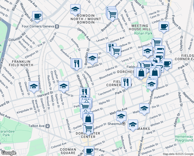 map of restaurants, bars, coffee shops, grocery stores, and more near 95 Bloomfield Street in Boston