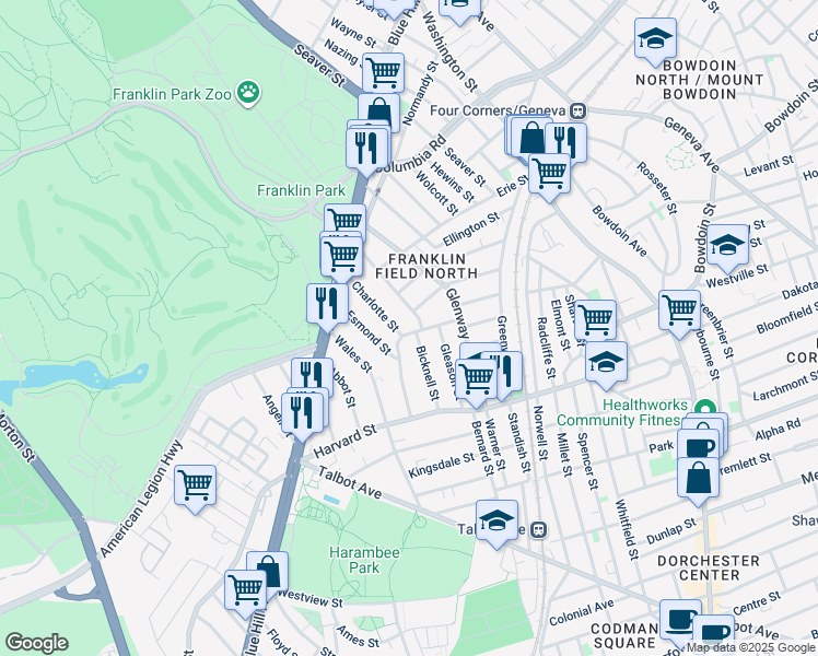 map of restaurants, bars, coffee shops, grocery stores, and more near 38 Bradshaw Street in Boston